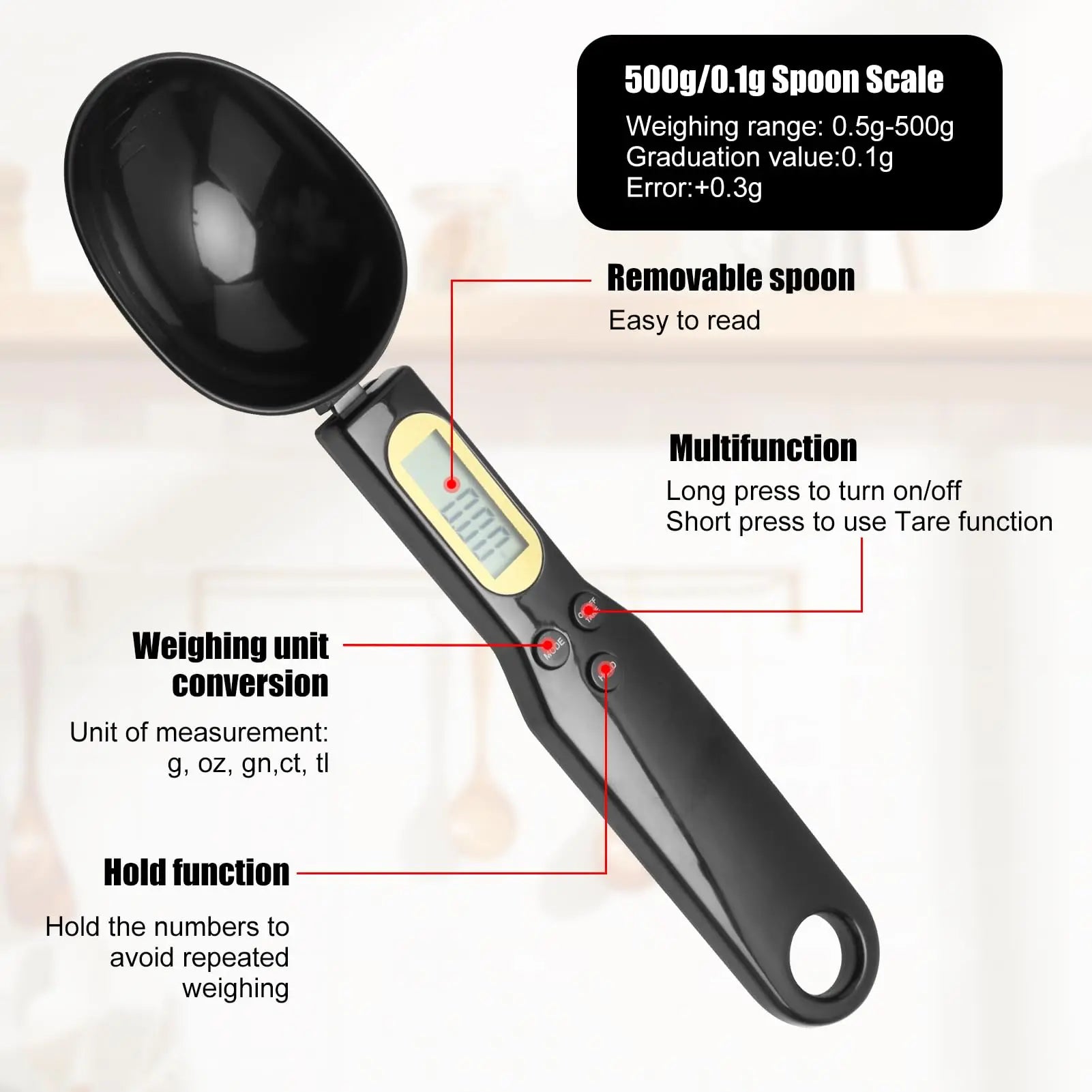 Precision Digital Spoon Scale – 500g/0.1g Portable Measuring Tool for Kitchen, Coffee & Baking