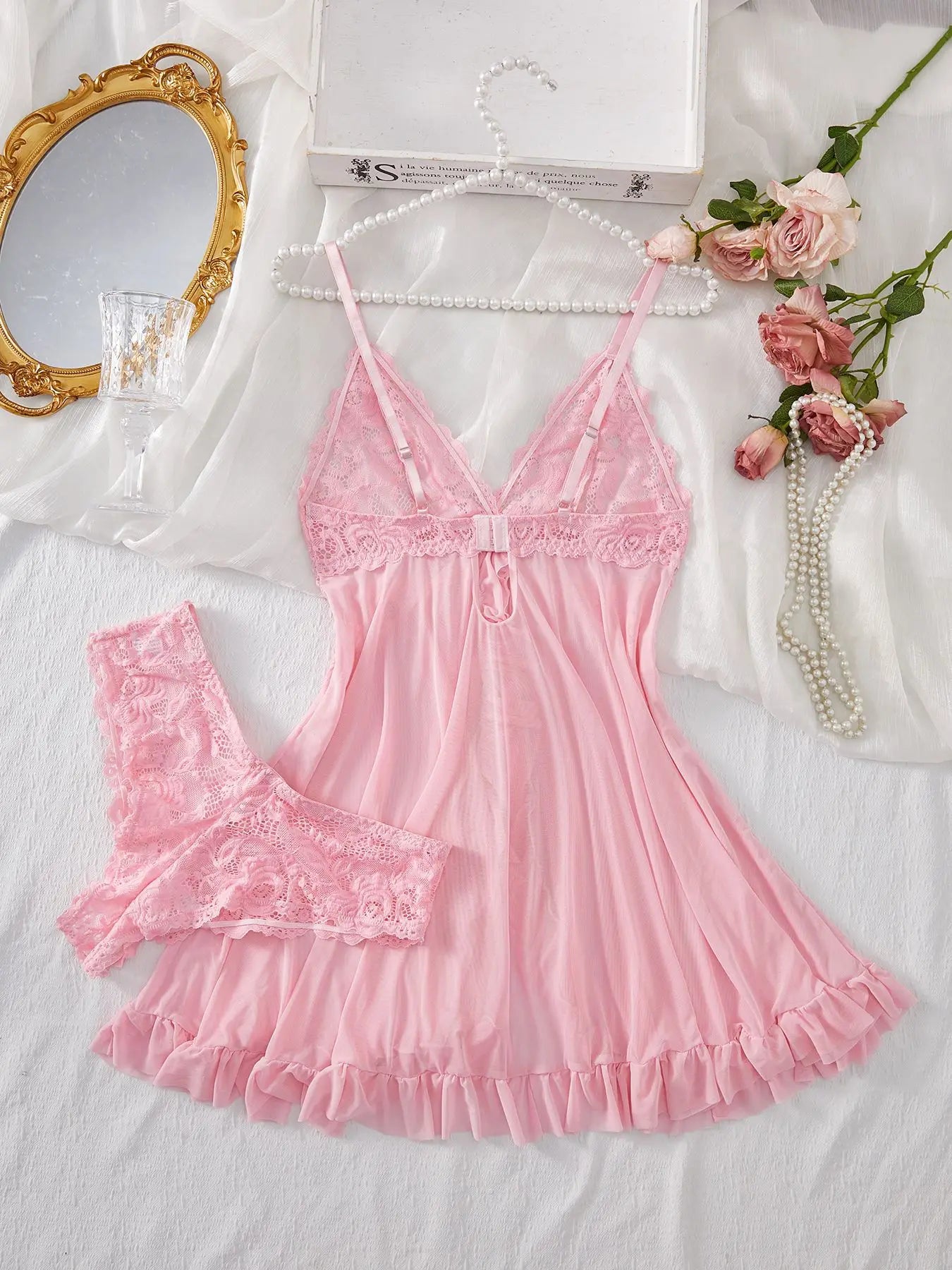 AuraVibe Lace Slip & Lingerie Set - Soft V-Neck Sleepwear