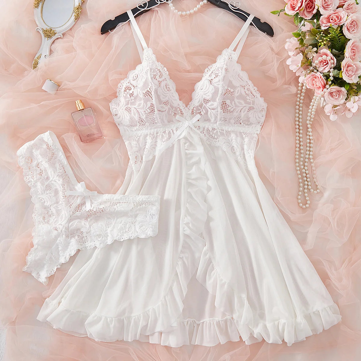 AuraVibe Lace Slip & Lingerie Set - Soft V-Neck Sleepwear