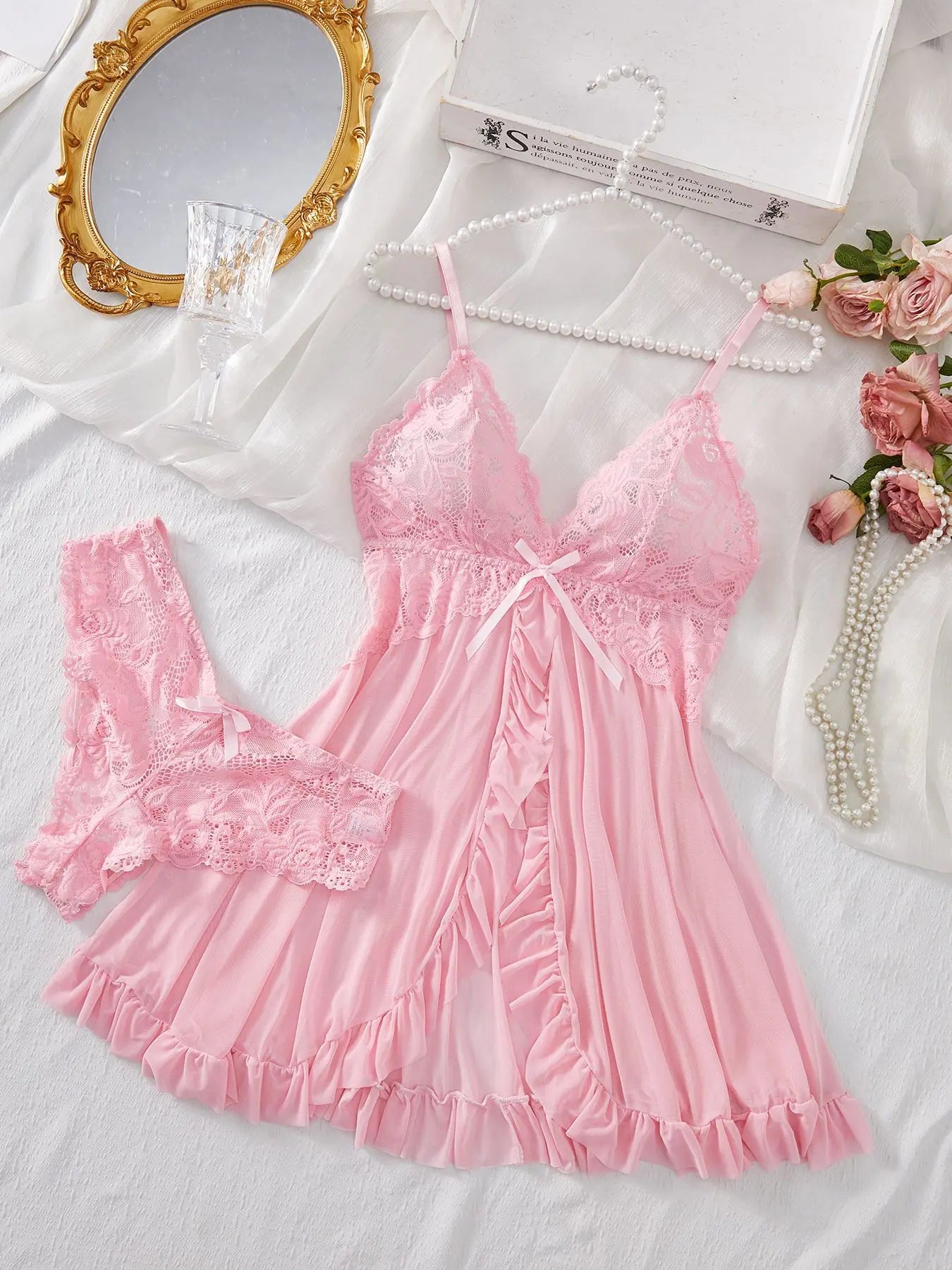 AuraVibe Lace Slip & Lingerie Set - Soft V-Neck Sleepwear