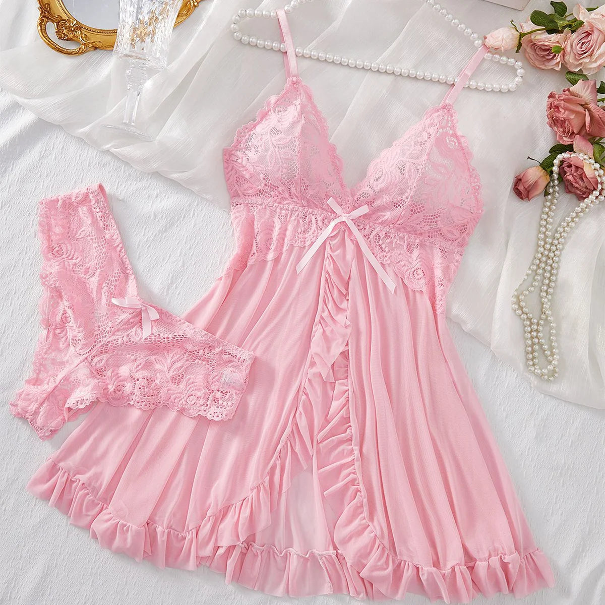 AuraVibe Lace Slip & Lingerie Set - Soft V-Neck Sleepwear